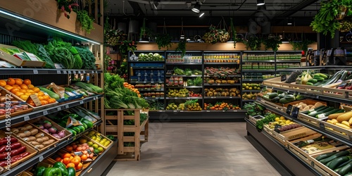 Fototapeta Naklejka Na Ścianę i Meble -  A supermarket with lots of fresh and healthy fruits and vegetables on shelves