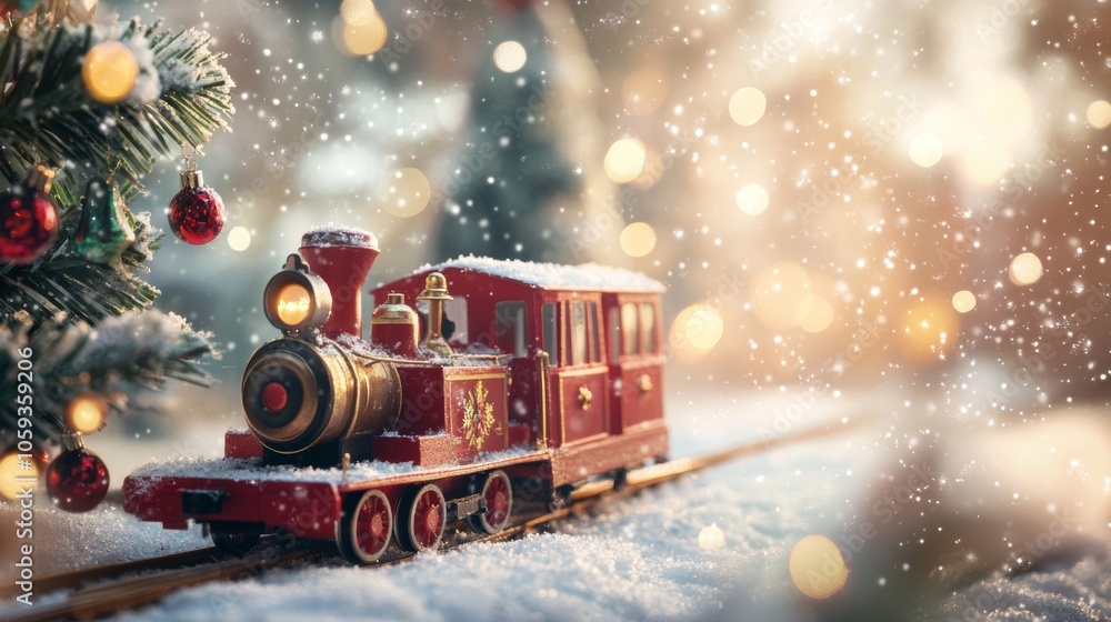 Christmas decoration train on snow next to a Christmas tree and bokeh lights Christmas decoration train on snow next to a Christmas tree and bokeh lights