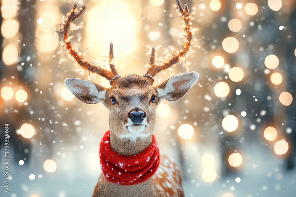 A Christmas deer adorned with a red scarf and horns decorated with Christmas fairy lights A Christmas deer adorned with a red scarf and horns decorated with Christmas fairy lights