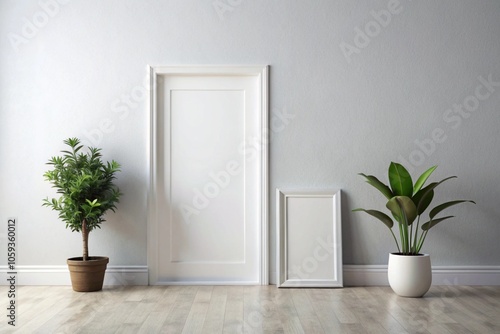 Interior design, minimalist decor, white walls, wooden floor, potted plants, green foliage, vertical framed artwork, blank canvas, neutral tones, natural light, clean lines, modern aesthetic, Scandina photo