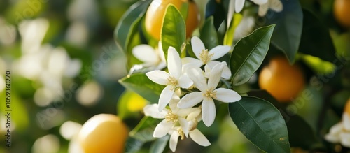 Israel's citrus trees showcase beautiful white flowers and vibrant green leaves. 