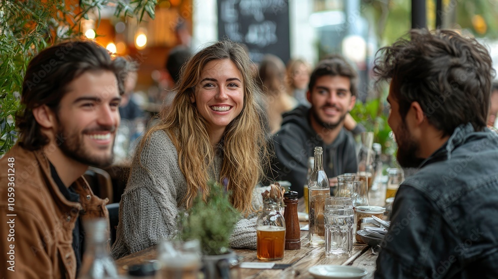 Group of friends enjoying drinks and conversation at a cafe table Group of friends enjoying drinks and conversation at a cafe table