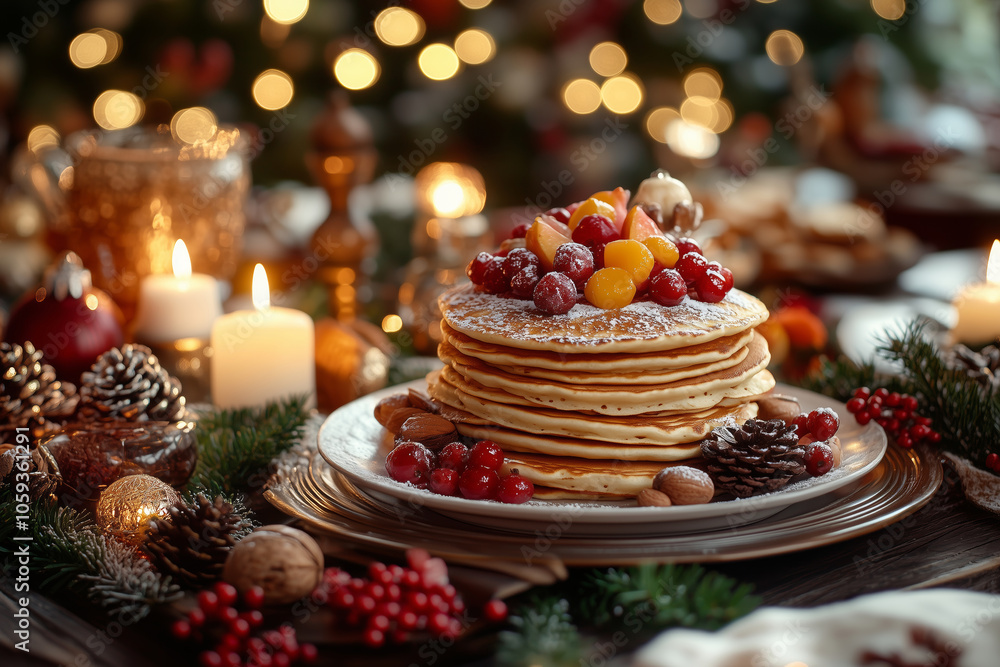 Delightful winter breakfast table set with pancakes and festive decorations Delightful winter breakfast table set with pancakes and festive decorations