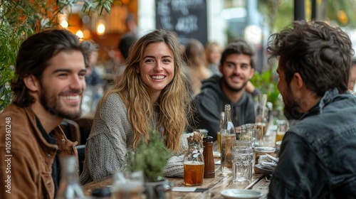 Group of friends enjoying drinks and conversation at a cafe table