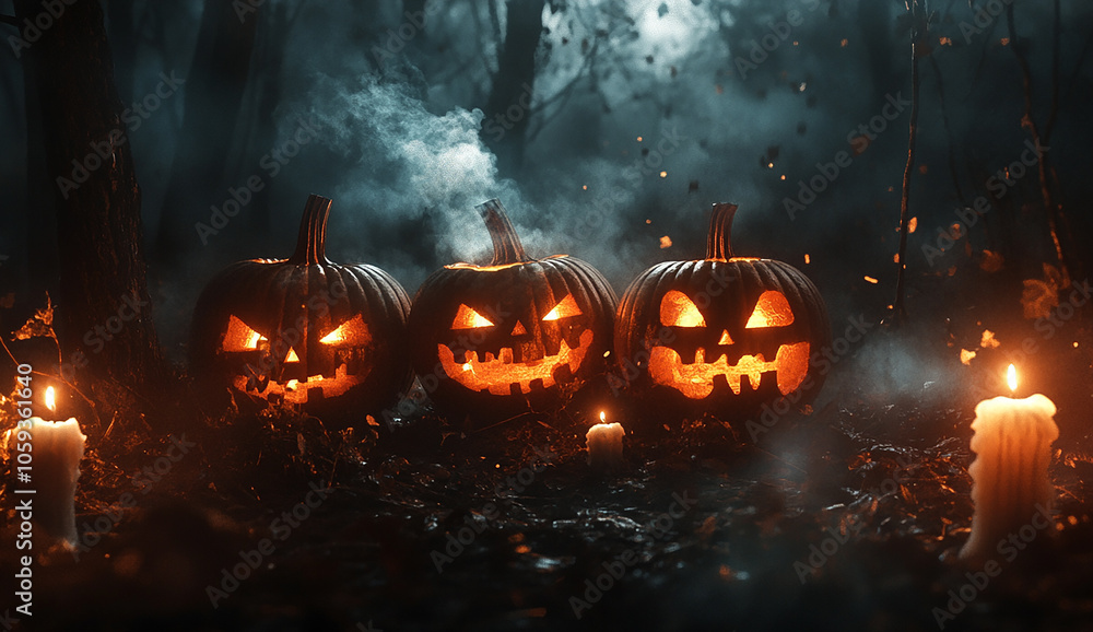 carved pumpkins with smiling faces sit in the woods, surrounded by candles in the foggy forest at night carved pumpkins with smiling faces sit in the woods, surrounded by candles in the foggy forest at night