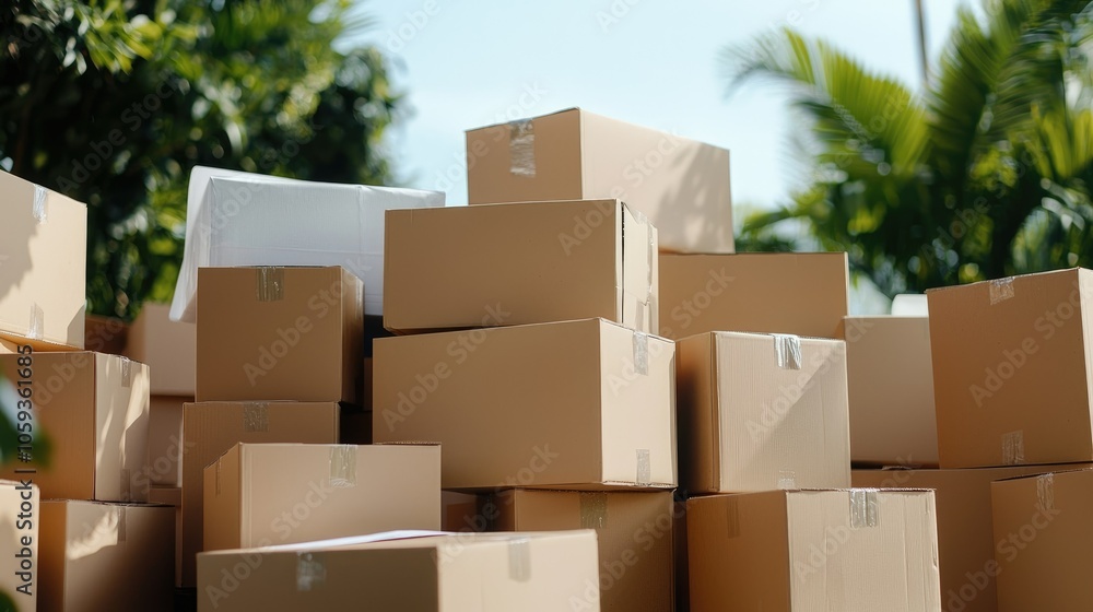 A closeup of packed moving supplies and boxes ready for transport surrounded by lush greenery in a bright outdoor setting A closeup of packed moving supplies and boxes ready for transport surrounded by lush greenery in a bright outdoor setting