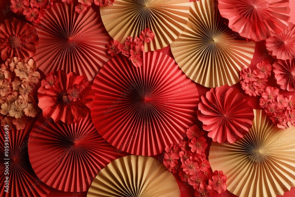 Obraz premium Paper fan medallion chinese new year decoration. Concept of Happy Chinese New Year festival background. 3D rendering with generative ai