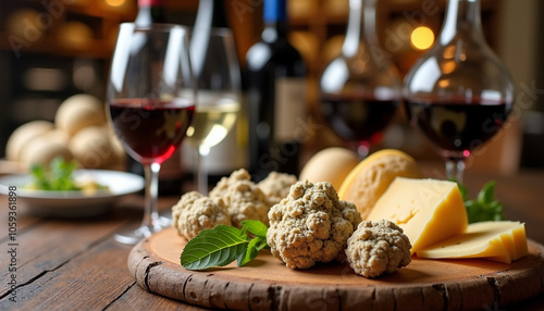 Truffle and wine pairing background, white truffles paired with Tuscan wines and cheeses on a rustic wooden board, celebrating the region’s rich culinary tradition and expertise