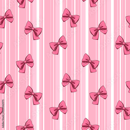 Seamless pink bow pattern on striped pink background, cute ribbon design, soft pink bows illustration repeat background, pastel pink stripes girly decoration vector pattern, wallpaper print for girls