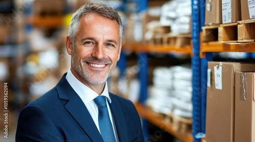 Confident middle-aged businessman smiling in warehouse setting radiating professionalism and approachability in business environment