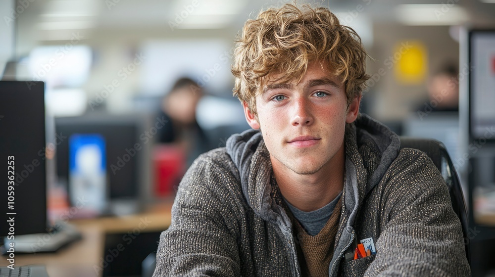 Portrait of a Young Man with Curly Blond Hair in a Gray Sweater Portrait of a Young Man with Curly Blond Hair in a Gray Sweater