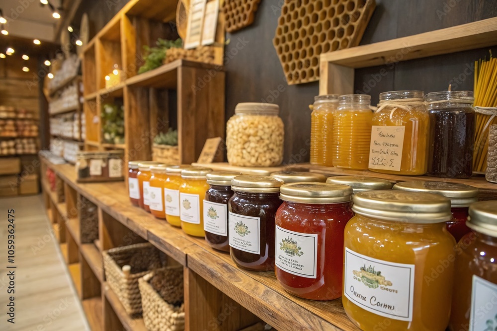 Jars of Honey Displayed in a Charming Honey Shop – Sweet Indulgence and Natural Goodness Jars of Honey Displayed in a Charming Honey Shop – Sweet Indulgence and Natural Goodness