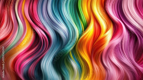 Women's hair close-up. Wavy curls are dyed in bright multicoloured colours and look well-groomed. Hair colouring in modern shades. Hairdressing procedures, extensions. Design for advertising.