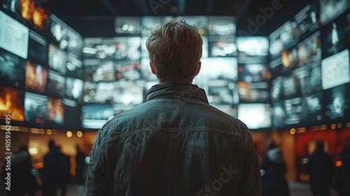 A Man Standing in Front of a Wall of Blurred Screens