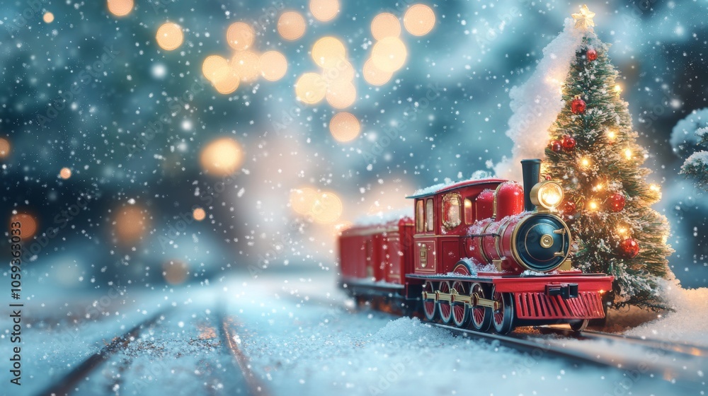 Christmas decoration train on snow next to a Christmas tree and bokeh lights Christmas decoration train on snow next to a Christmas tree and bokeh lights