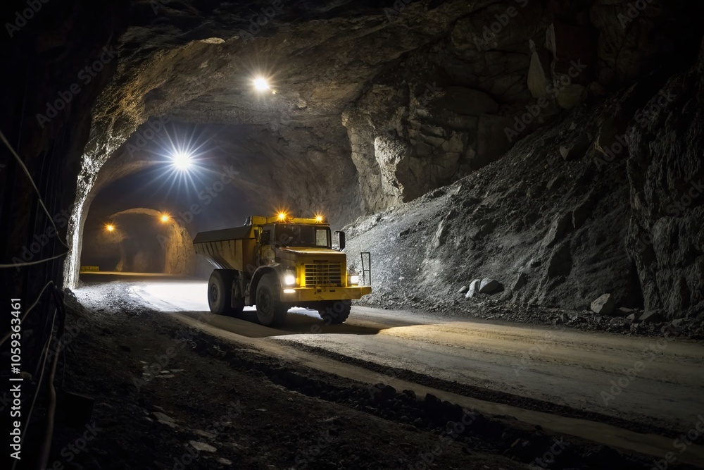 Large Yellow Truck in Dark Mining Tunnel - Illuminated Pathway Large Yellow Truck in Dark Mining Tunnel - Illuminated Pathway