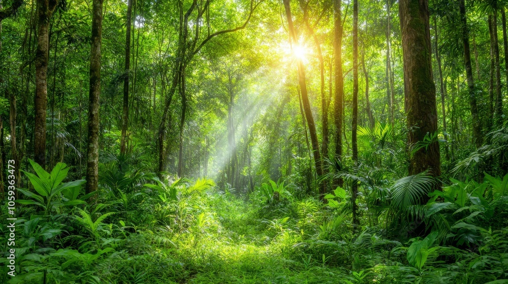 Obraz premium Lush green forest with sunlight filtering through the trees, creating a serene and vibrant atmosphere.