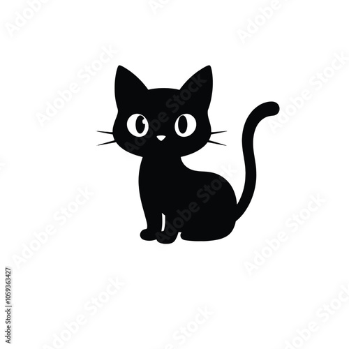 a cute cat cartoon character black silhouette, isolated white background