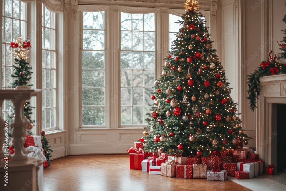 beautifully decorated Christmas tree in a grand old home, with gifts piled underneath, minimal background with copy space beautifully decorated Christmas tree in a grand old home, with gifts piled underneath, minimal background with copy space
