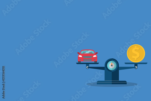 Car and coin on the scale. Vehicle value concept	