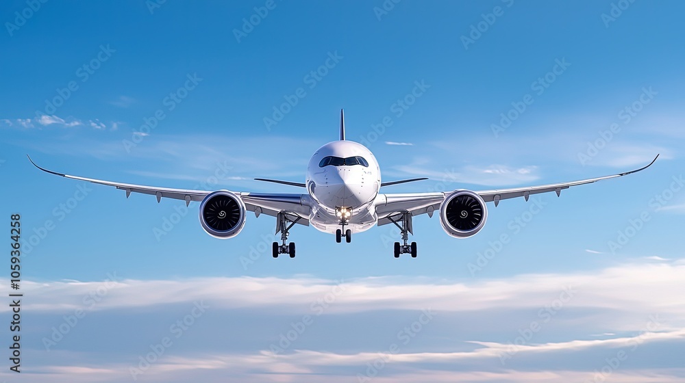 Obraz premium Modern Airplane in Flight Against Clear Skies