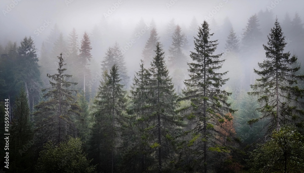 pine trees in fog - forest background pine trees in fog - forest background