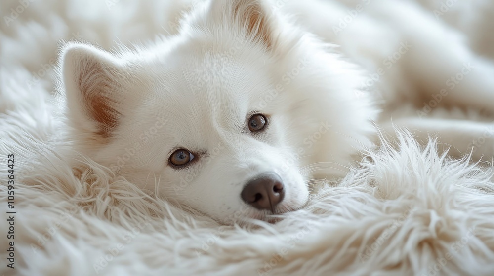 Close-up of a White Dog's Face Resting on a Fluffy Surface Close-up of a White Dog's Face Resting on a Fluffy Surface