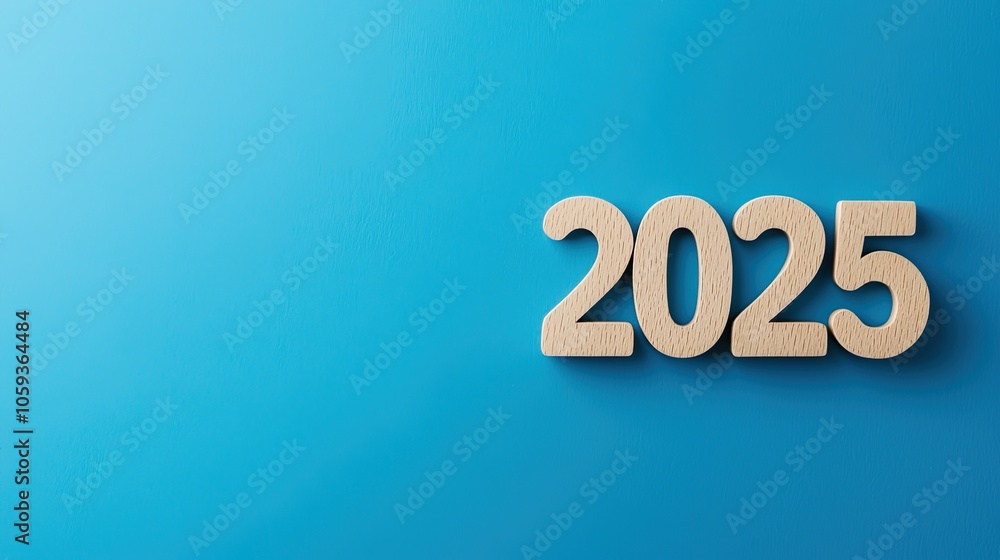 Wooden Numbers Representing the Year 2025 on a Blue Background Wooden Numbers Representing the Year 2025 on a Blue Background