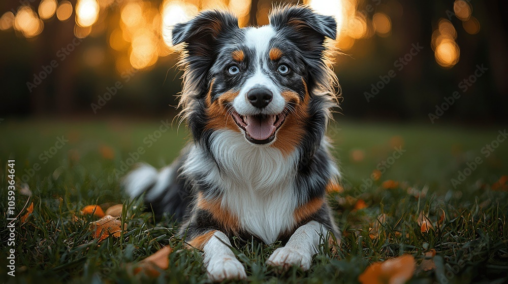 Happy Australian Shepherd Dog Lying in Grass Happy Australian Shepherd Dog Lying in Grass