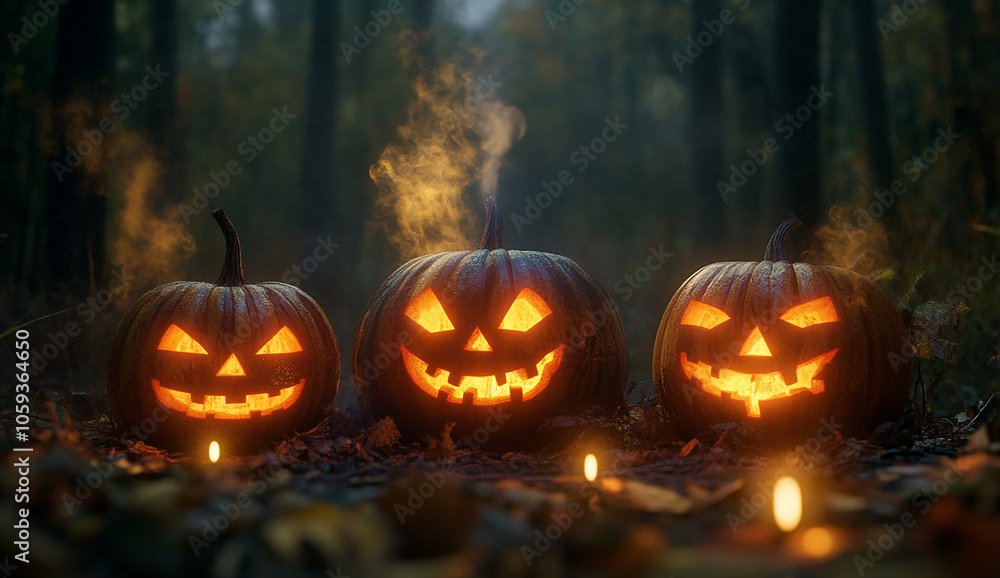carved pumpkins with smiling faces sit on the ground around them,a dark forest background creating a spooky Halloween scene carved pumpkins with smiling faces sit on the ground around them,a dark forest background creating a spooky Halloween scene