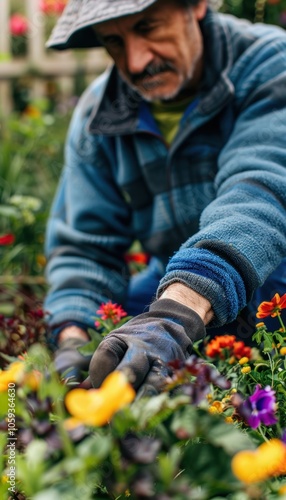 Senior Gardener Wearing Arthritis Gloves Amidst Colorful Flower Bed