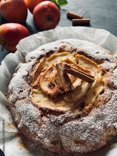 Torta di mele morbida e deliziosa fatta in casa decorata con bastoncini di cannella e mele fresche sullo sfondo grigio. Direttamente sopra. photo