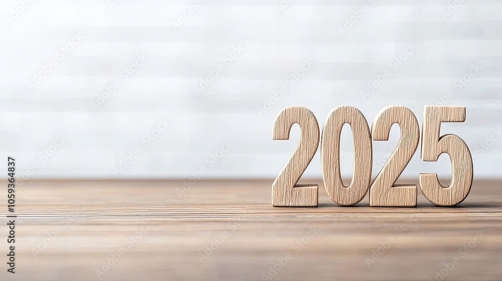 Wooden Numbers Representing the Year 2025 on a Simple Background Wooden Numbers Representing the Year 2025 on a Simple Background