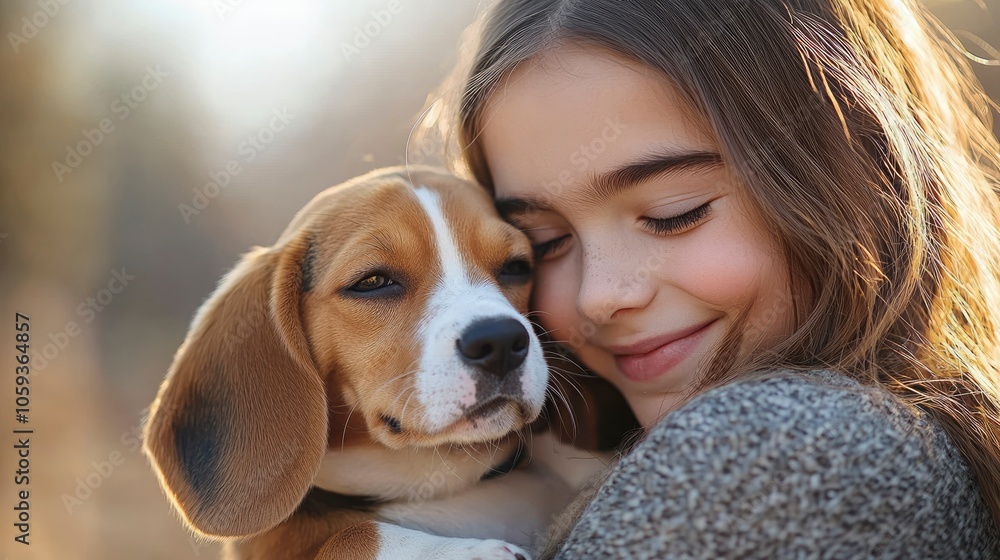 Young Girl Holding a Beagle Puppy Close to Her Face, Smiling Gently Young Girl Holding a Beagle Puppy Close to Her Face, Smiling Gently