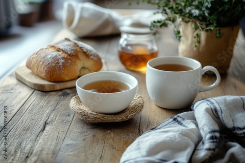 hotel breakfast - wooden table set with a simple winter breakfast, including homemade bread and hot tea, minimal background with copy space 