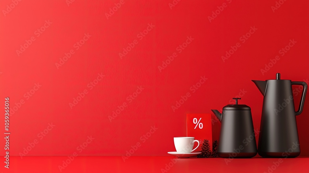 Fototapeta premium Stylish Black Teapot and Cup on Red Background