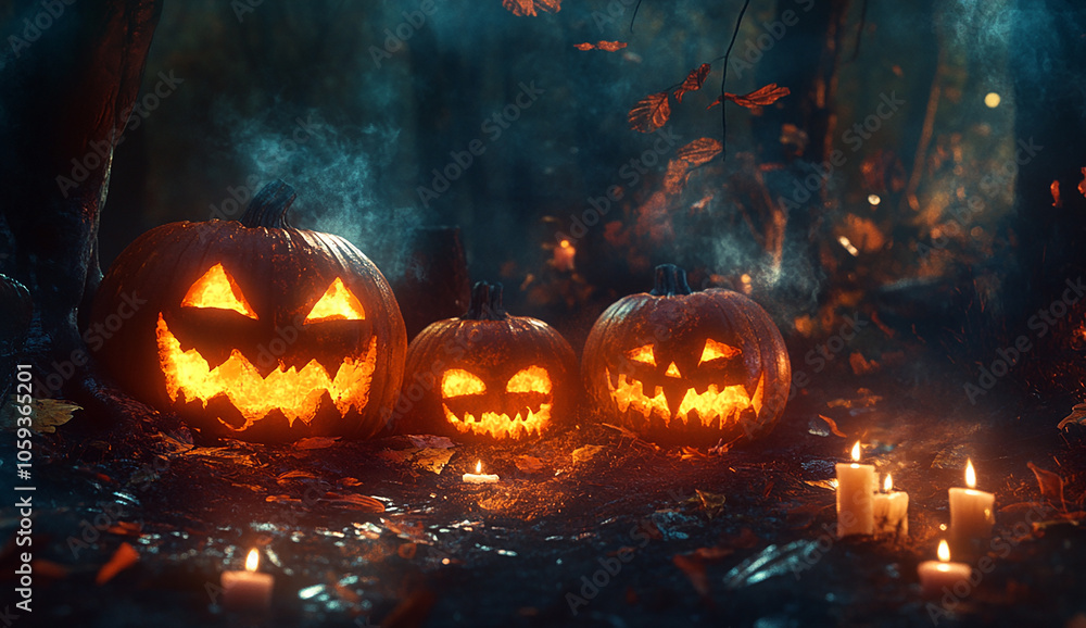 carved pumpkins with smiling faces sit on the ground around them,a dark forest background creating a spooky Halloween scene carved pumpkins with smiling faces sit on the ground around them,a dark forest background creating a spooky Halloween scene