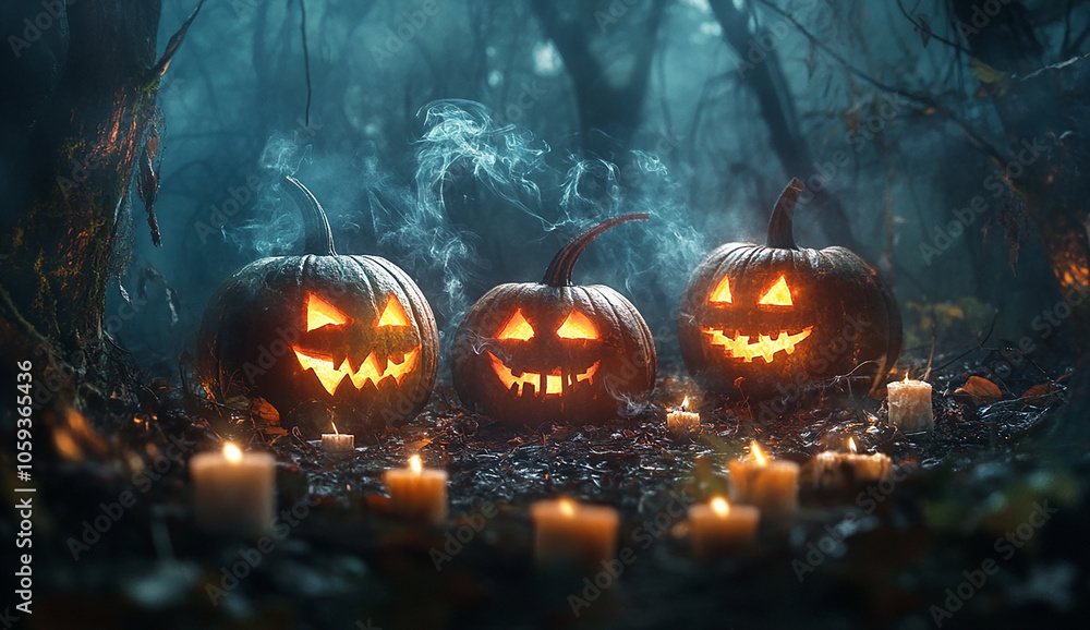 Naklejka premium carved pumpkins with smiling faces sit on the ground around them,a dark forest background creating a spooky Halloween scene