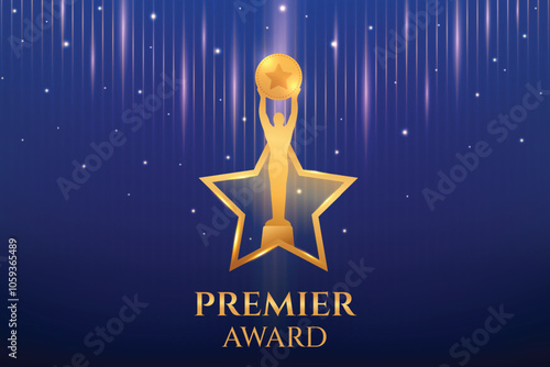 Golden Premier Luxury Award With Glowing Light Beam On Blue Background. Royal Theme Movie, Television Icon Award Celebration Concept Design Vector Illustration