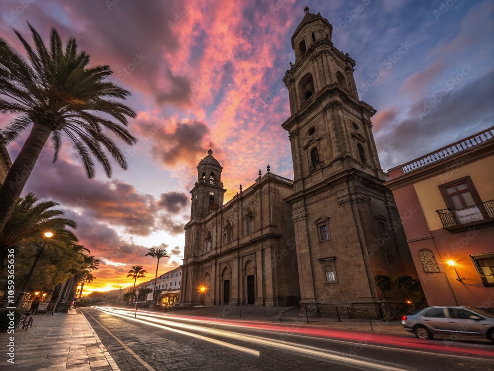 Obraz premium Long Exposure Time Lapse of Las Palmas Cathedral Bell Tower with Dramatic Sky and Cloud Movement
