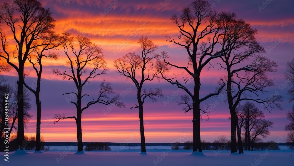 Naklejka premium Silhouetted winter trees against vibrant sunset sky with colorful clouds