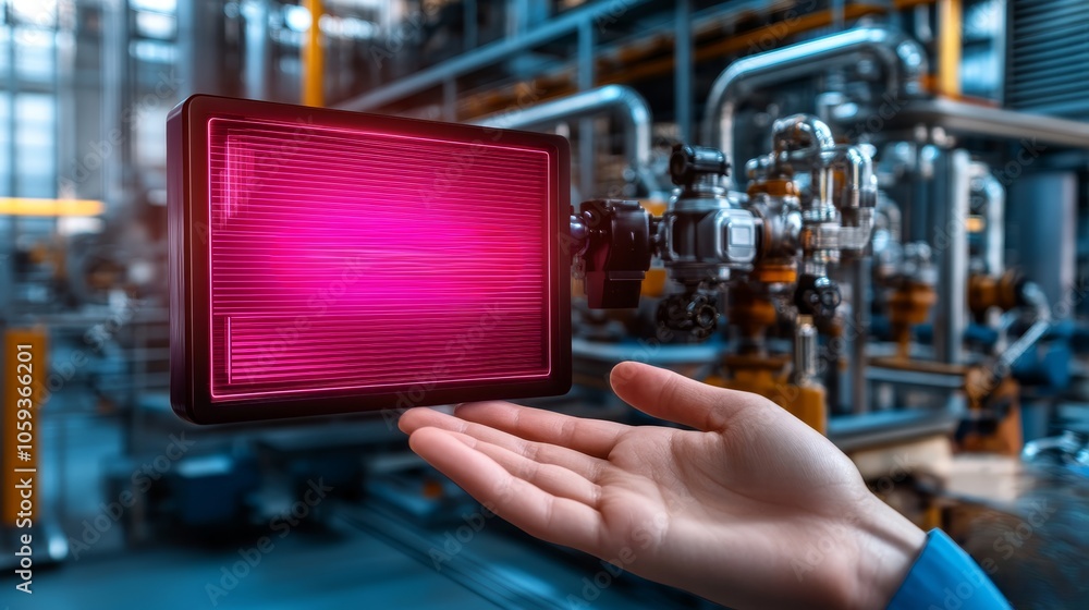 A hand holds a futuristic holographic display in an industrial setting, with vibrant pink visuals against a backdrop of machinery and pipes. A hand holds a futuristic holographic display in an industrial setting, with vibrant pink visuals against a backdrop of machinery and pipes.