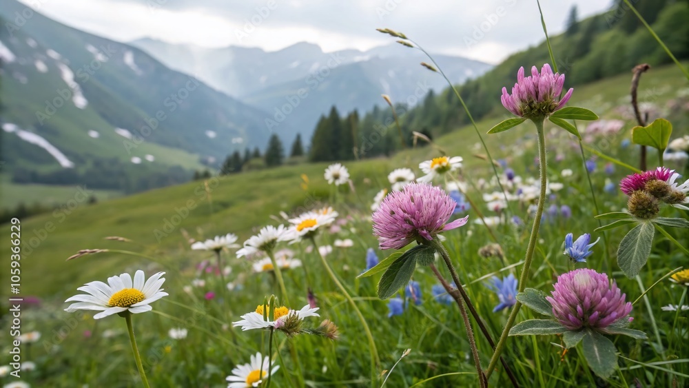 Fototapeta premium Low Light Photography of Spring Mountain Meadow with Wildflowers: Daisies, Clover, and Bluebells in Bloom