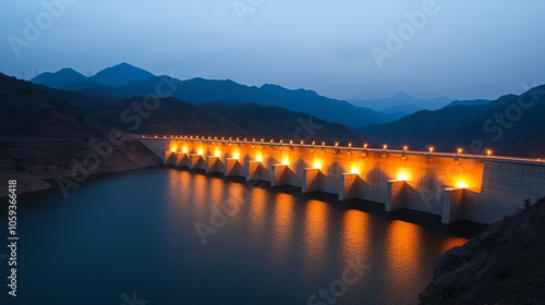 Tranquil view of a dam illuminated at dusk, reflecting warm lights on calm water, surrounded by mountains under a twilight sky. photo