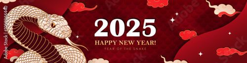 Red luxury layered header with hand drawn paper cut Oriental Snake as a traditional symbol of 2025 Chinese New year. Panoramic banner with viper and asian decorations - clouds, stars, reptile scales