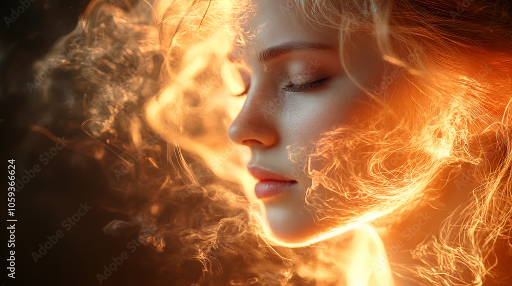 Woman's face illuminated by golden sunlight with ethereal smoke effect Woman's face illuminated by golden sunlight with ethereal smoke effect