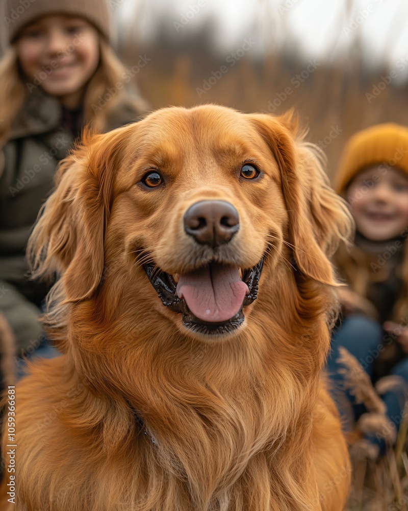 Portrait of Golden Retriever with Family in Autumn Portrait of Golden Retriever with Family in Autumn