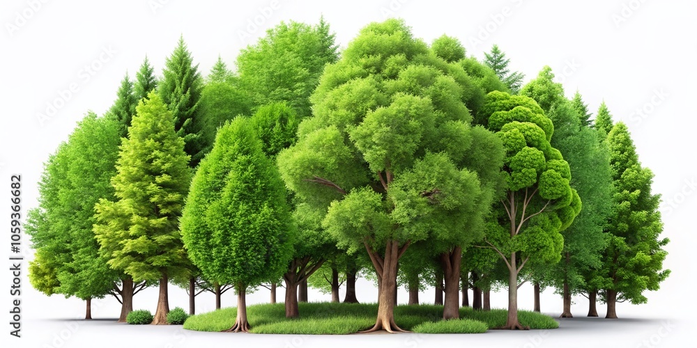 Lush Green Forest Trees Isolated on White Background - 3D Rendering Illustration for Nature, Landscaping, and Environmental Projects Lush Green Forest Trees Isolated on White Background - 3D Rendering Illustration for Nature, Landscaping, and Environmental Projects