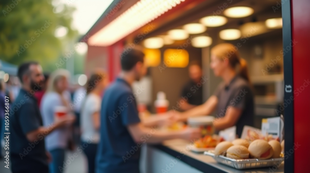 Naklejka premium A food truck on a city street where people buy food and have a snack
