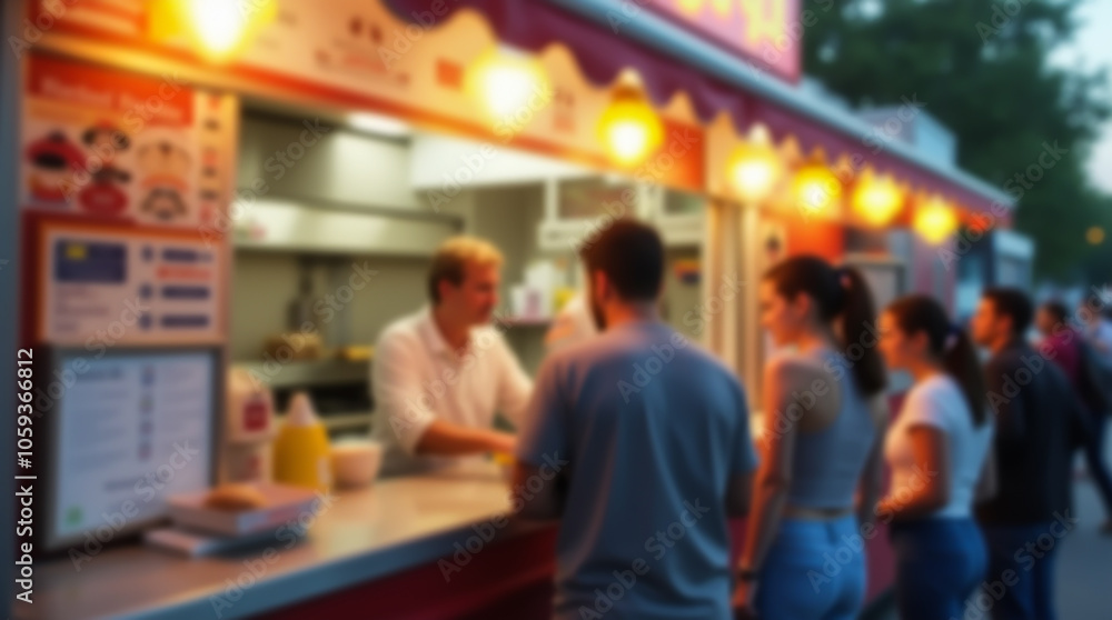Fototapeta premium Street food from a food truck against the backdrop of city life and streets